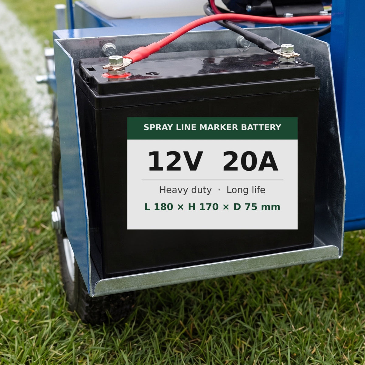 12V 20A battery fitted in the battery tray of a spray line marker on a football pitch