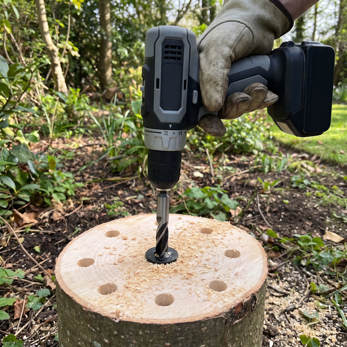 13mm tree stump drill bit with 30mm stop plate drilling holes in a cut tree stump