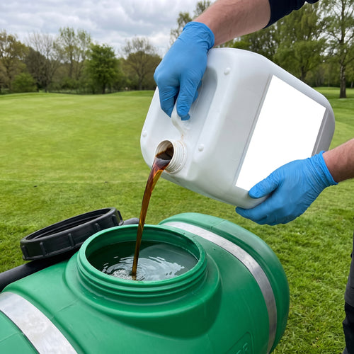 Liquid turf fertiliser with seaweed being poured into a sprayer tank of water beside a golf green