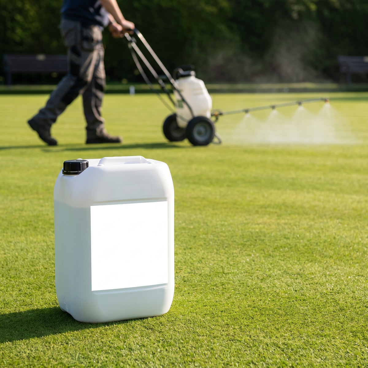 10L 15-0-6 liquid turf fertiliser on a bowling green while a pedestrian sprayer applies it