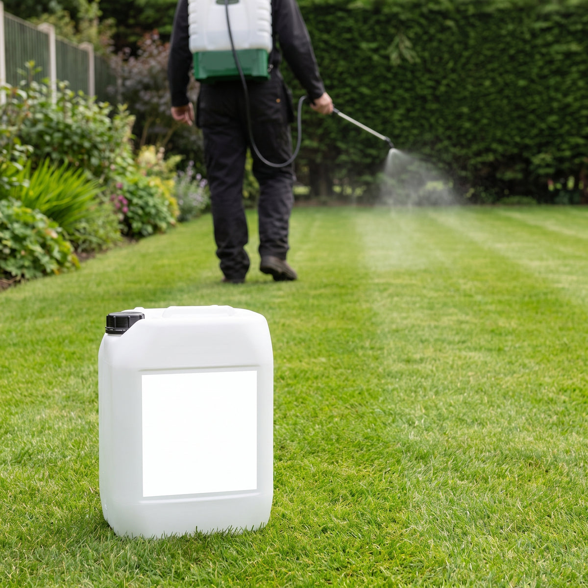 Knapsack sprayer applying liquid lawn fertiliser to a garden lawn, 10L container in foreground