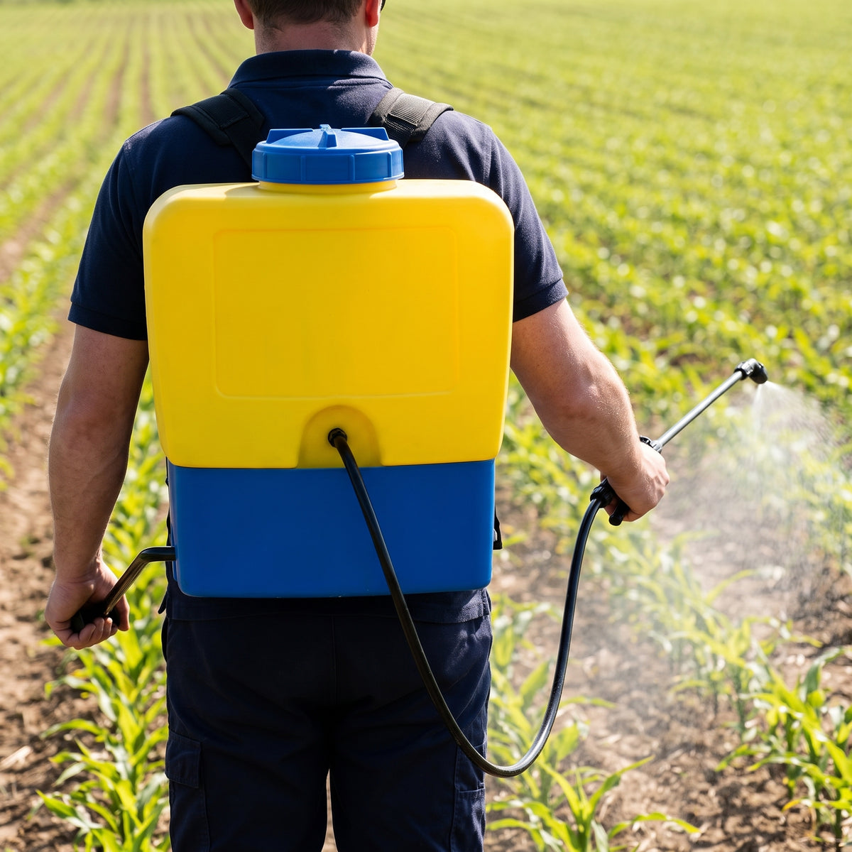 15L knapsack sprayer with diaphragm pump in use spraying young crops with the 500mm lance