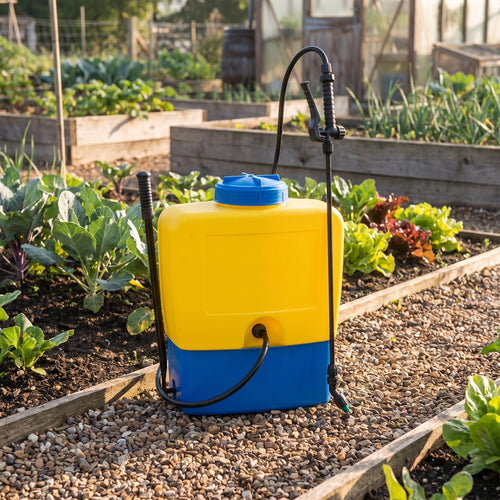 15L knapsack sprayer with pump lever, hose and lance beside vegetable beds