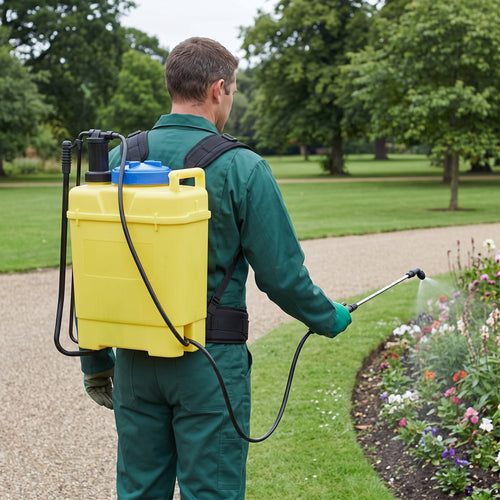 Back view of the 15L knapsack sprayer worn with padded shoulder straps and waist belt while spraying a park flower bed