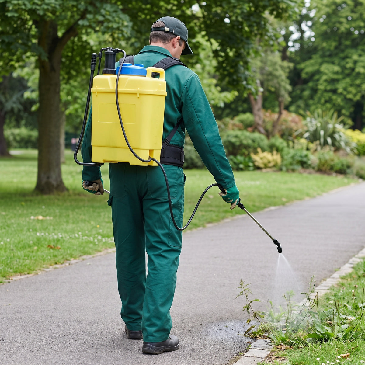 Park groundsman using the 15L knapsack sprayer with comfort safety harness to spray weeds along a footpath edge