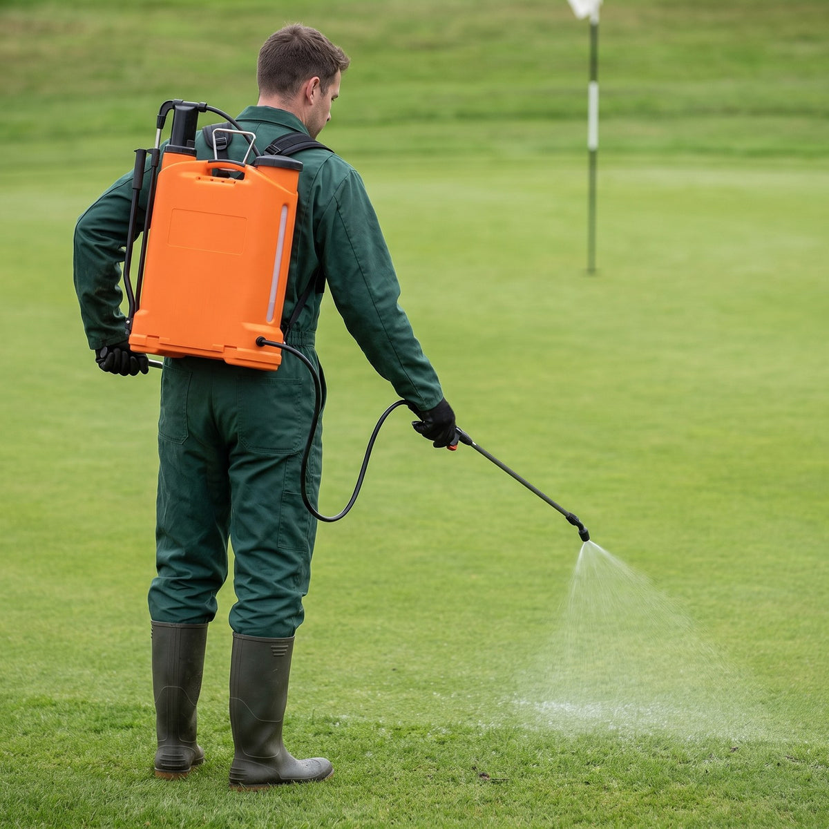 Groundsman using the 16L knapsack pressure sprayer on a golf green