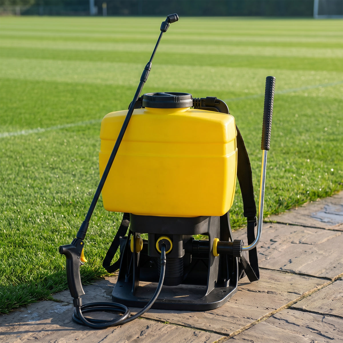 16L knapsack sprayer with pump lever, hose and extendable lance beside a sports field