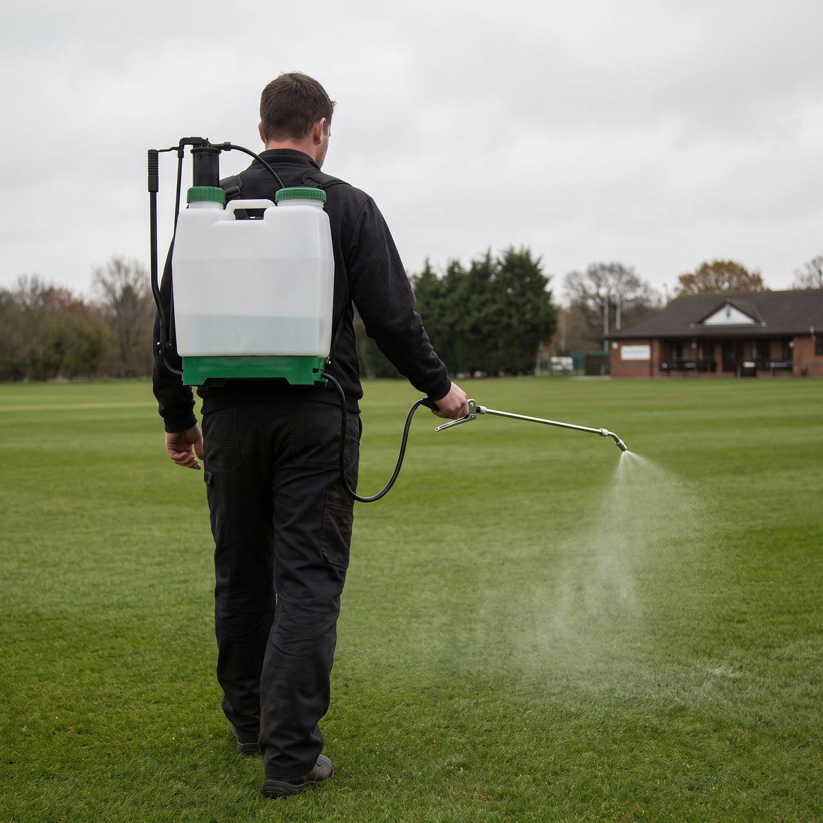 16L semi-professional knapsack sprayer in use spraying a sports pitch