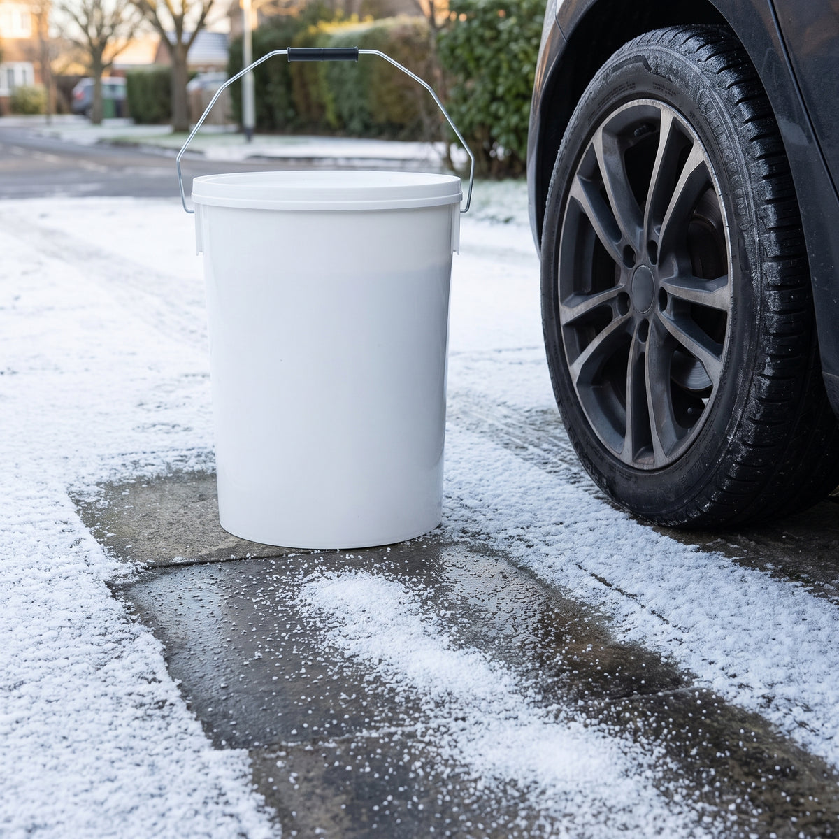 18.75kg ice melt bucket on a frosty driveway with treated ice melting