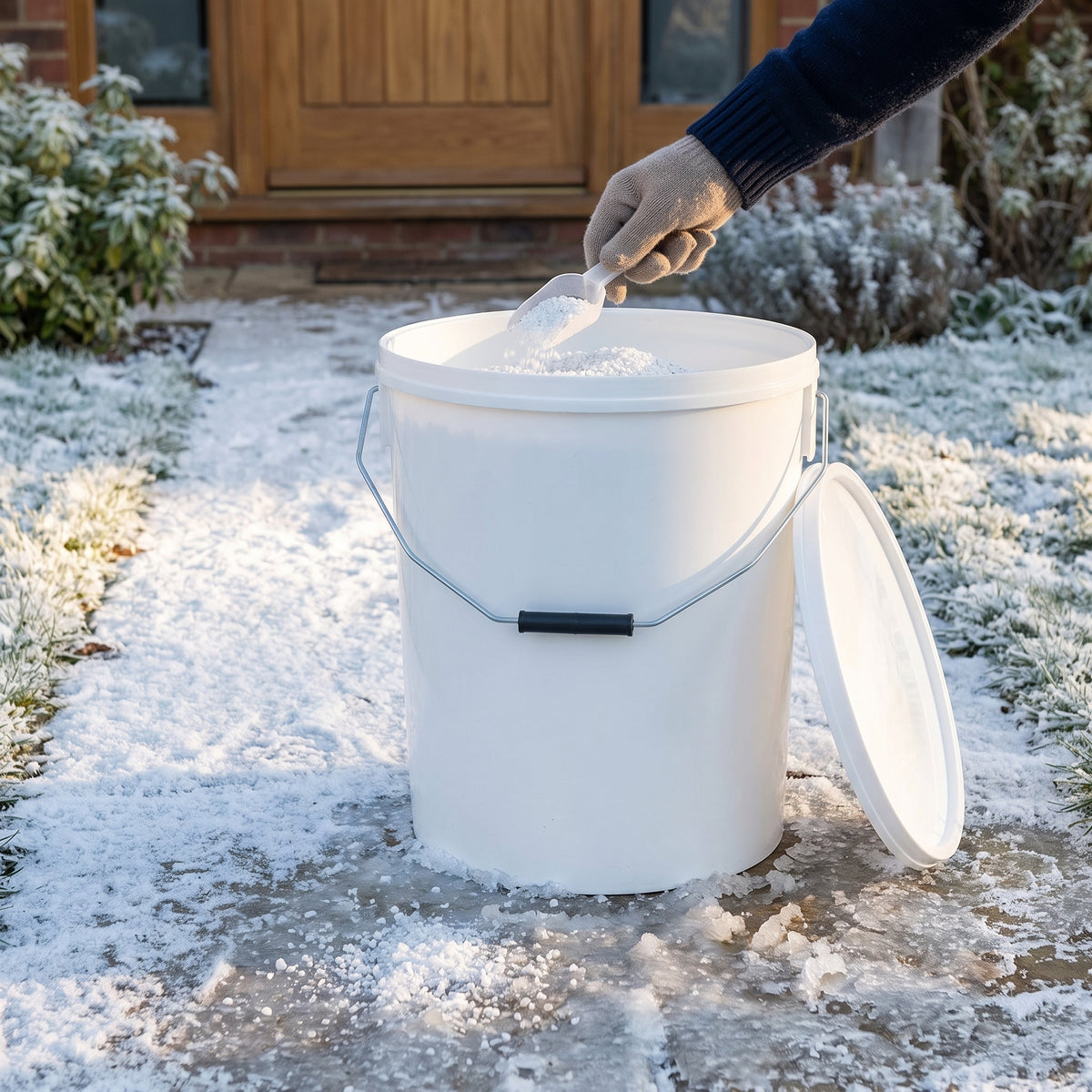 18.75kg non-corrosive ice melt bucket being used on an icy path outside a front door