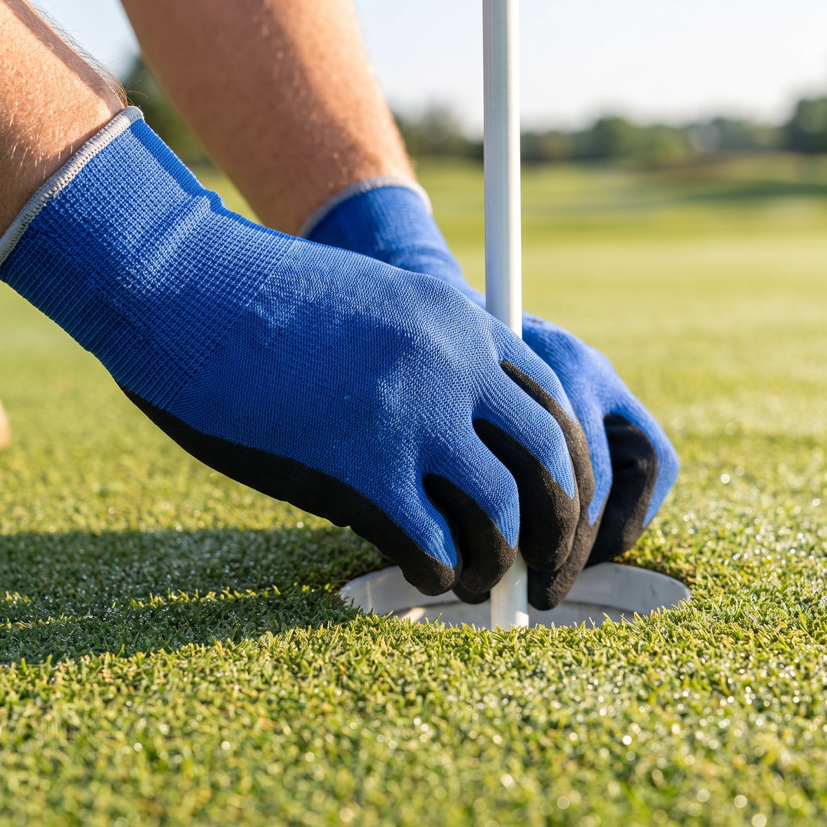 Greenkeeper wearing 18 gauge breathable nitrile foam gloves on a golf green