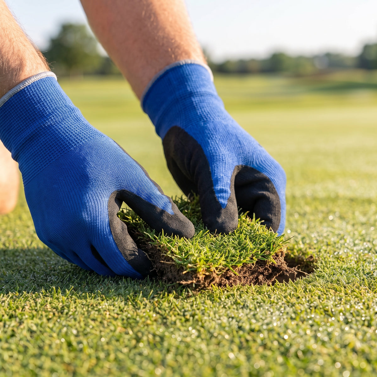 Groundsman wearing breathable nitrile foam gloves replacing a divot on a sports field