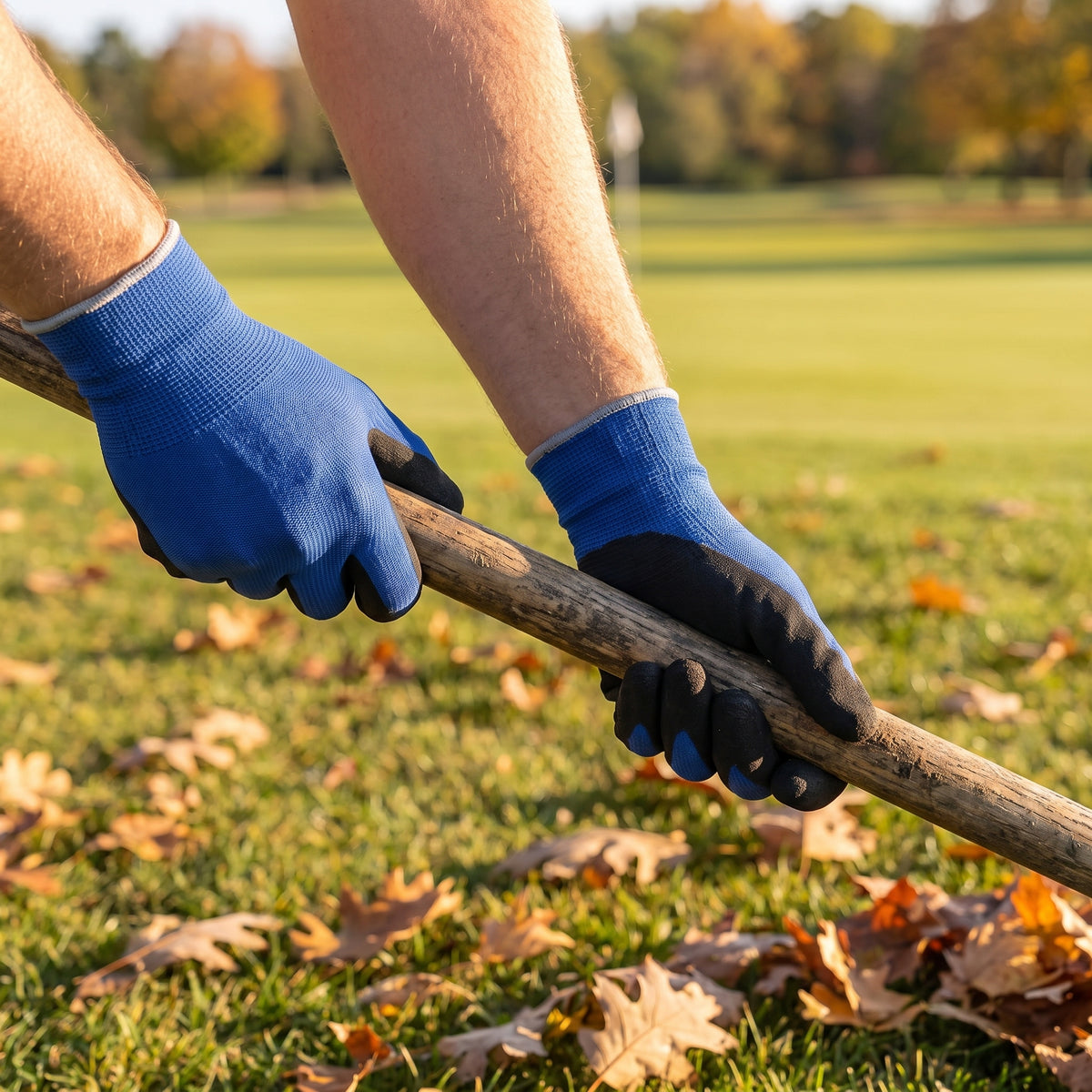 Breathable 18 gauge nitrile foam work gloves gripping a rake handle on a sports ground