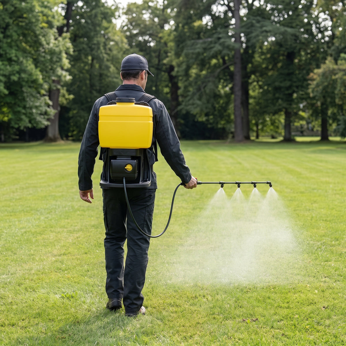 18L electric knapsack sprayer with a spray bar treating a large area of turf