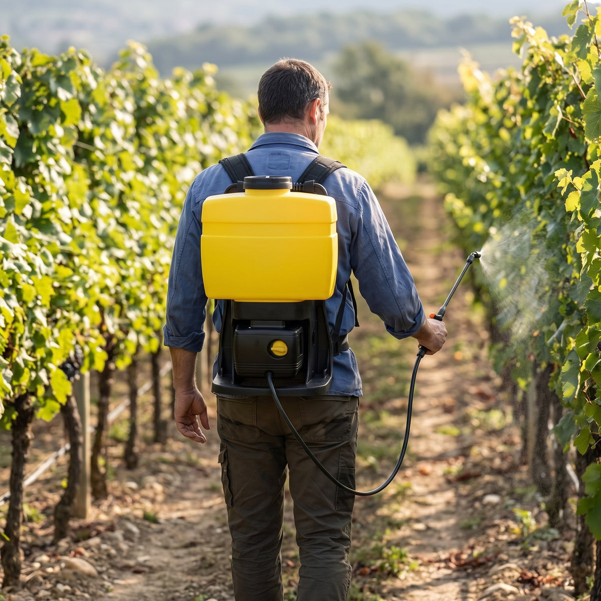 18L electric knapsack sprayer with ergonomic back frame used to spray vines with a single trigger lance