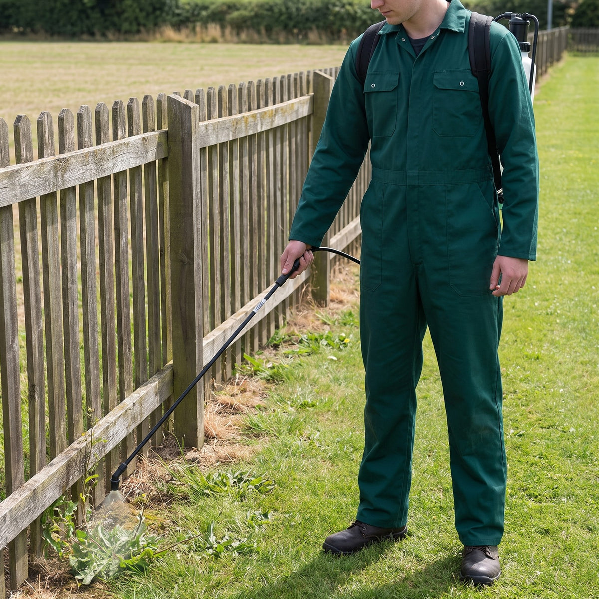 Operator with a knapsack sprayer using a 1m elbow spray lance to spot-spray weeds along a fence line