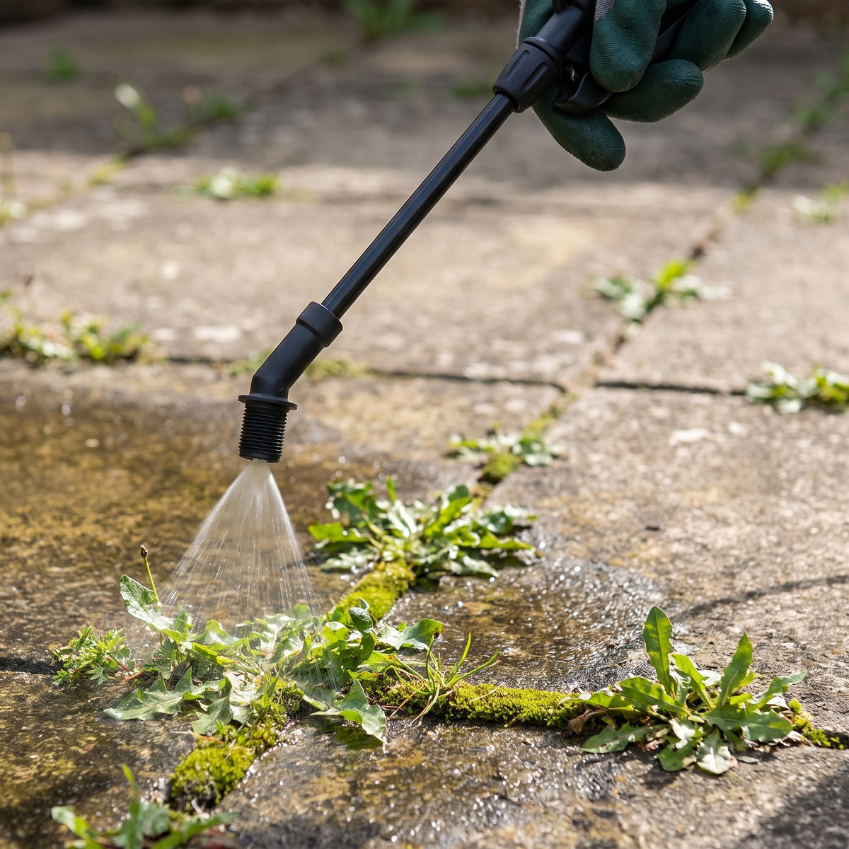 Close-up of the angled elbow end of a 1m spray lance spraying weeds between paving slabs