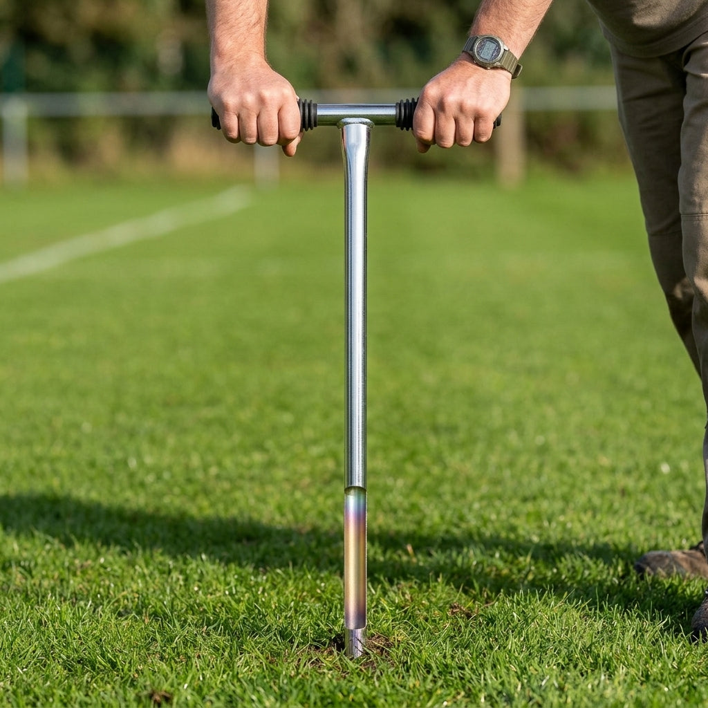 Standard 1in soil sampler being pushed into turf by its T-handle