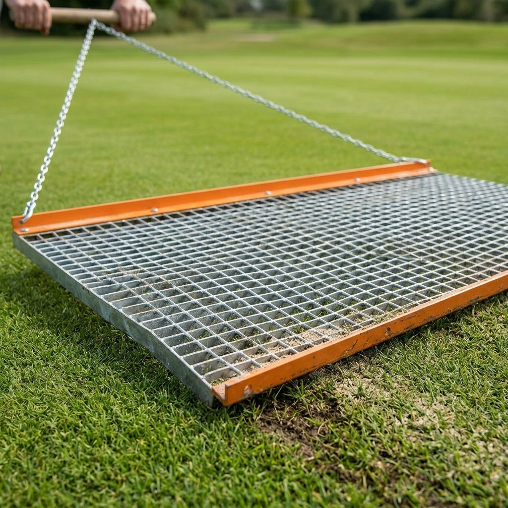 Close-up of a turf dragmat steel mesh with pulling chain