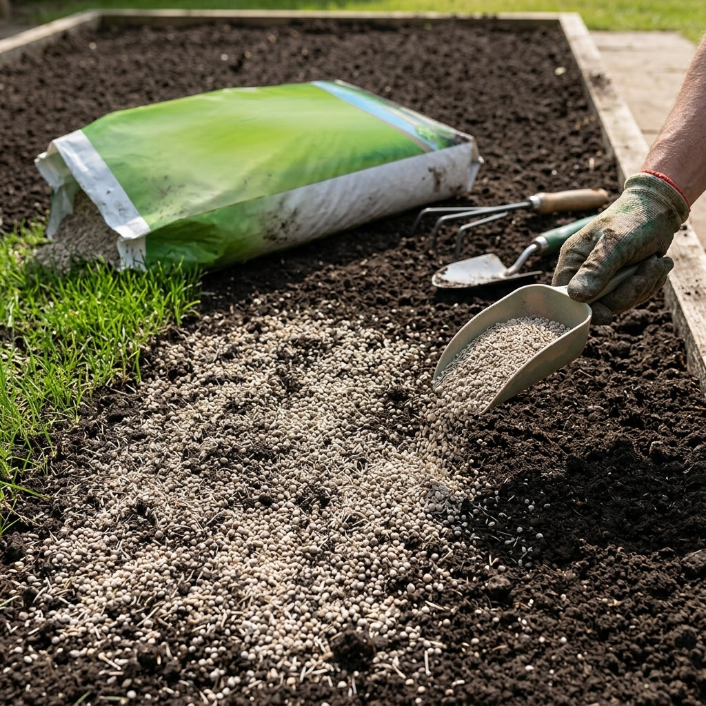 Sports pitch renovator grass seed 20kg bag on a newly prepared pitch beside a seed spreader