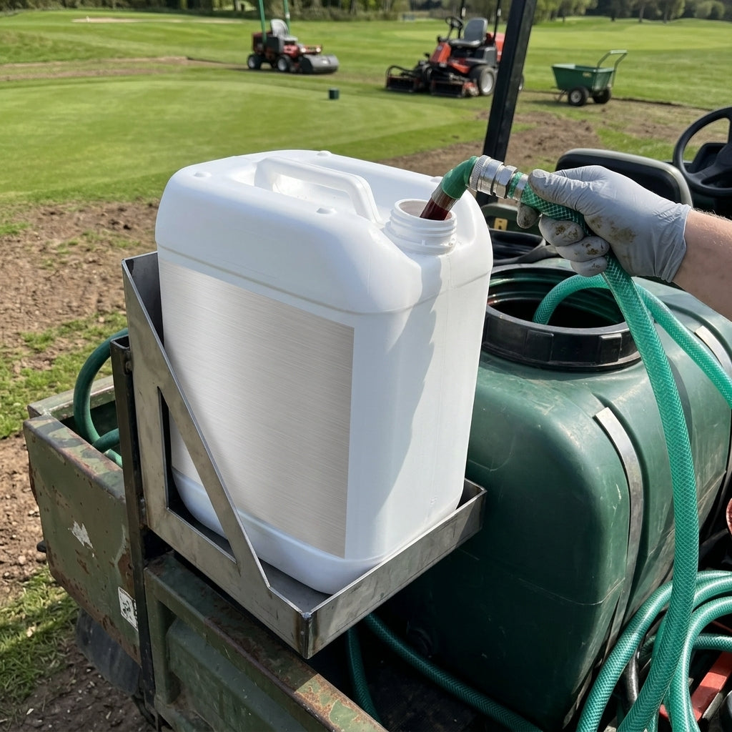10L chelated iron liquid concentrate being transferred into a turf sprayer tank on a golf course