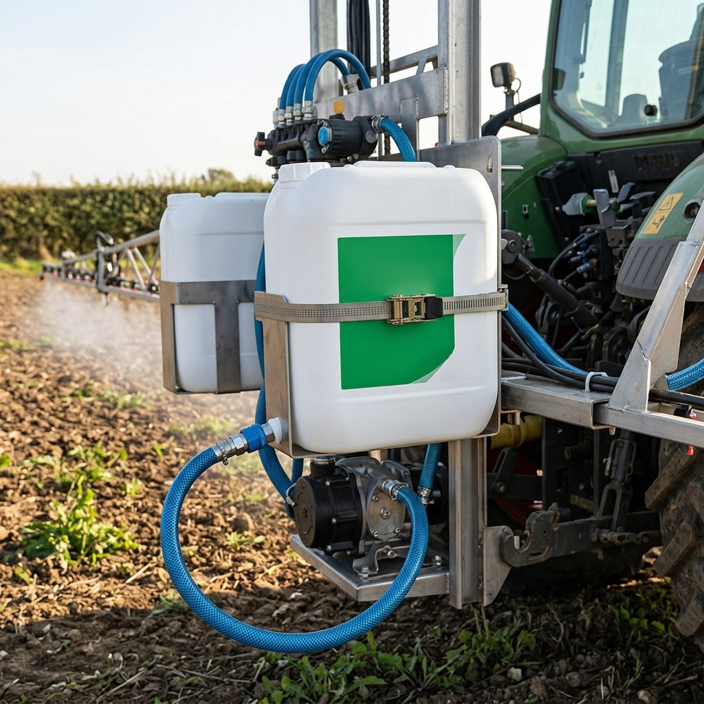 10L pelargonic acid contact herbicide containers on a tractor-mounted sprayer