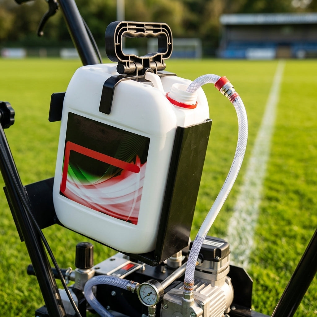 10 litre bottle of white line marking paint on a line marker beside a freshly marked white line on grass