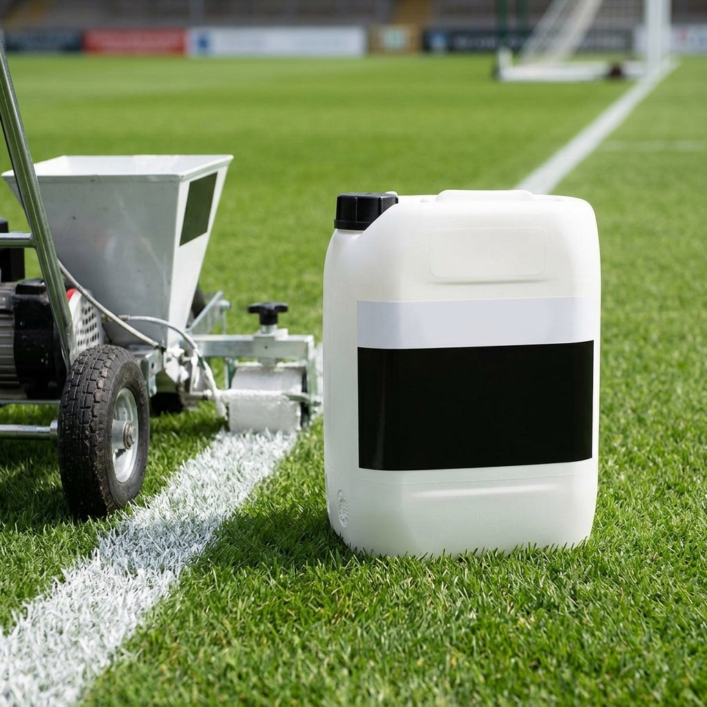 10L bottle of acrylic line marking paint concentrate beside a spray line marker