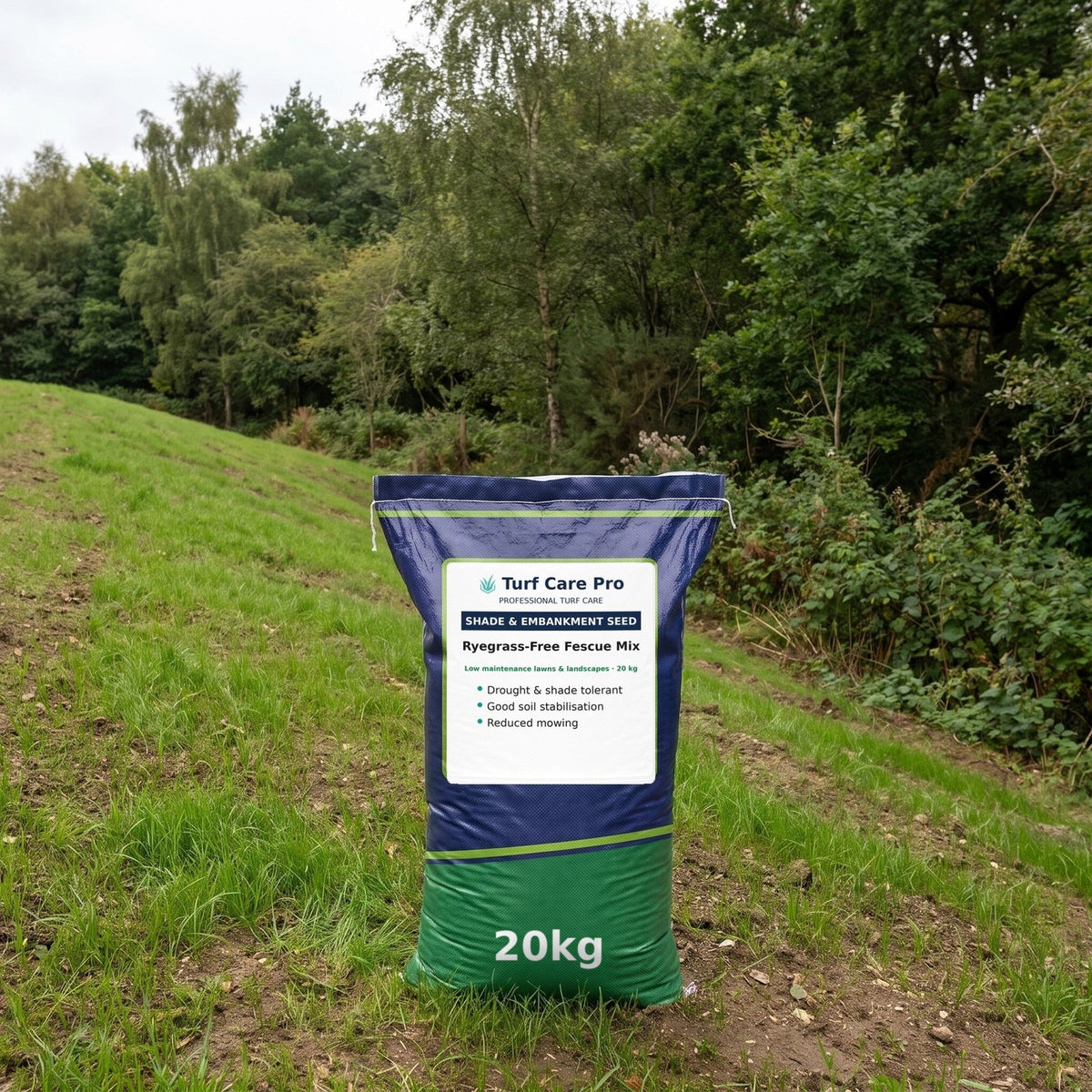 Shade and embankment grass seed 20kg sack at the foot of a grassy embankment
