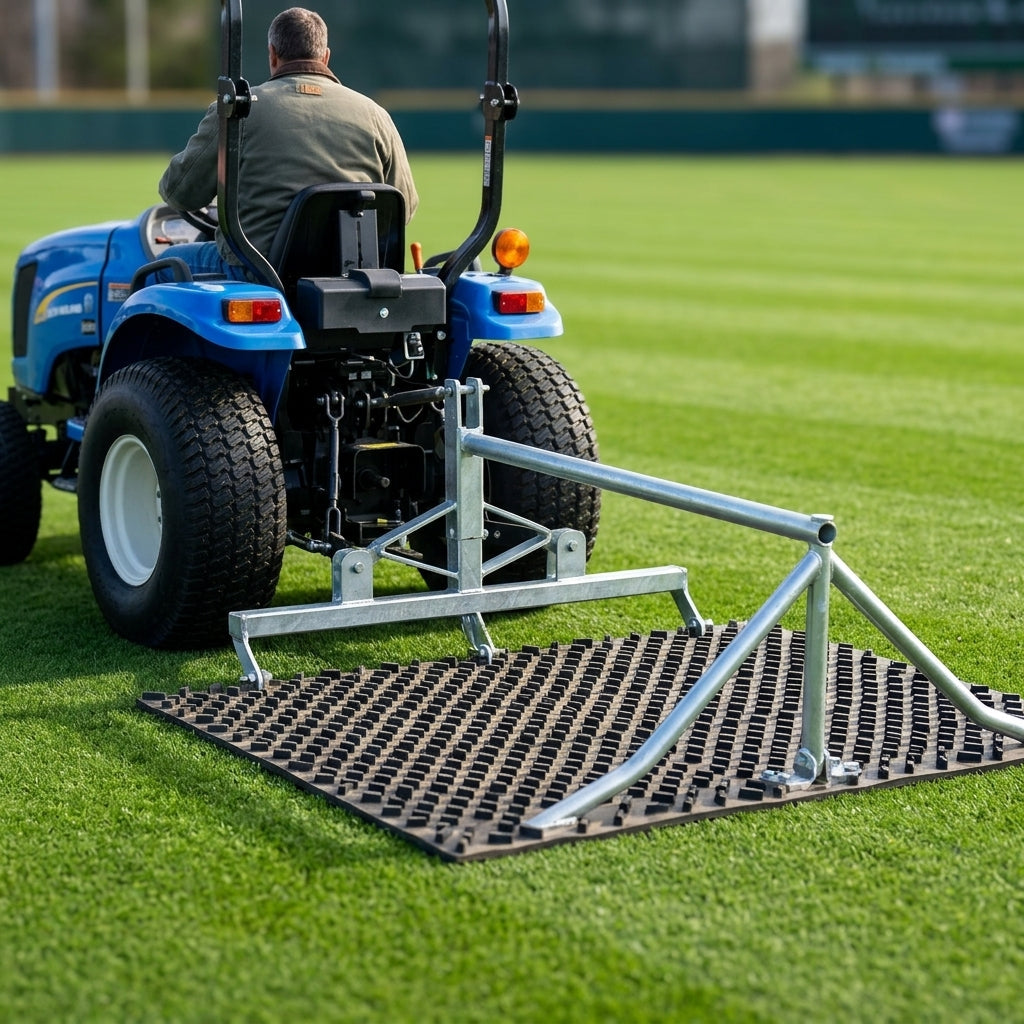 Heavy duty 20mm rubber dragmat towed behind a compact tractor on a 3-point linkage frame (frame sold separately)