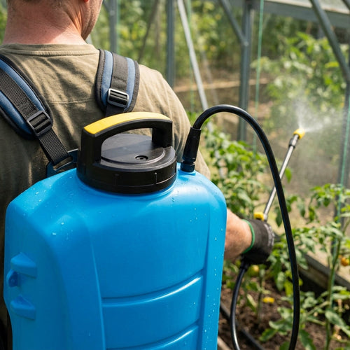 15L battery electric knapsack sprayer worn on the back while spraying plants in a greenhouse