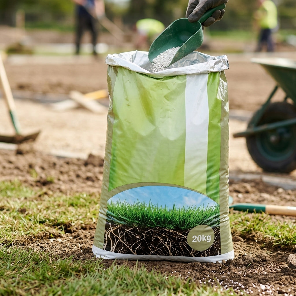 Bag of hardwearing landscaping grass seed being scooped on a prepared landscaping site