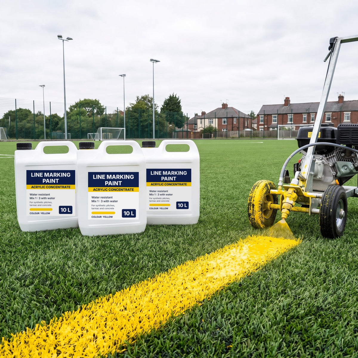 Pack of 3 x 10L acrylic line marking paint concentrate bottles beside a spray line marker painting a yellow line on an artificial pitch