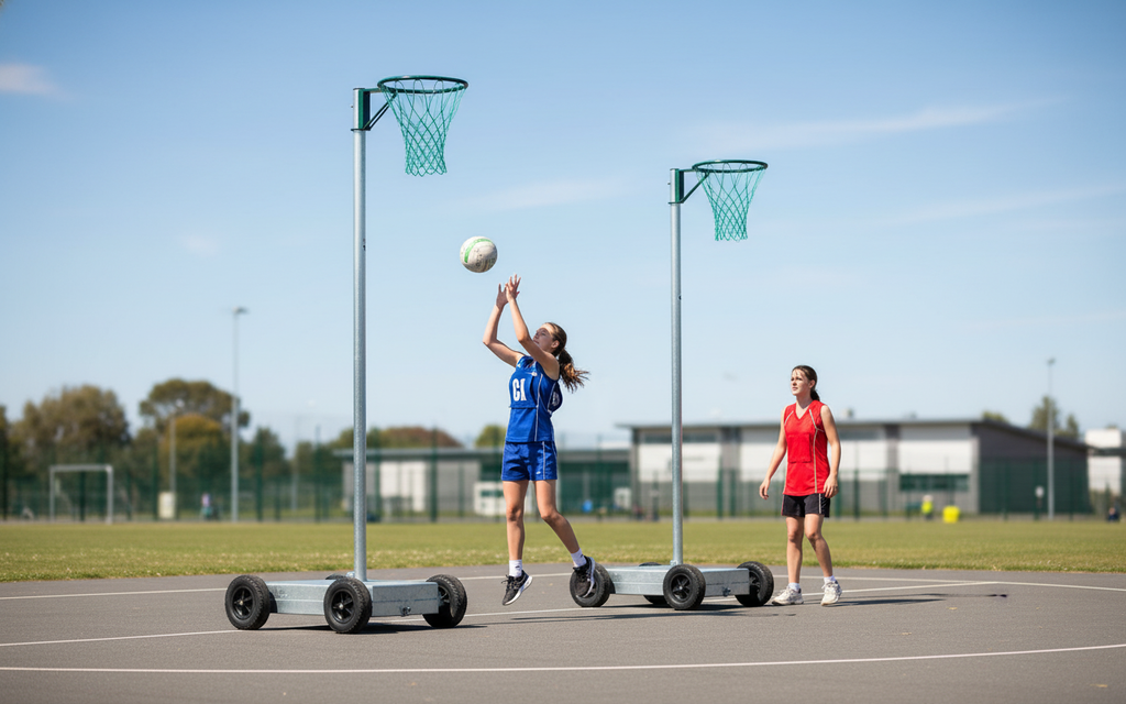 Professional Wheelaway Netball Posts with Adjustable Heights and Durable Steel Construction - Main Product Image