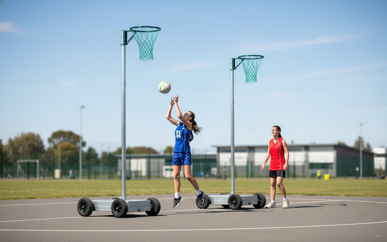 Professional Wheelaway Netball Posts with Adjustable Heights and Durable Steel Construction - Main Product Image