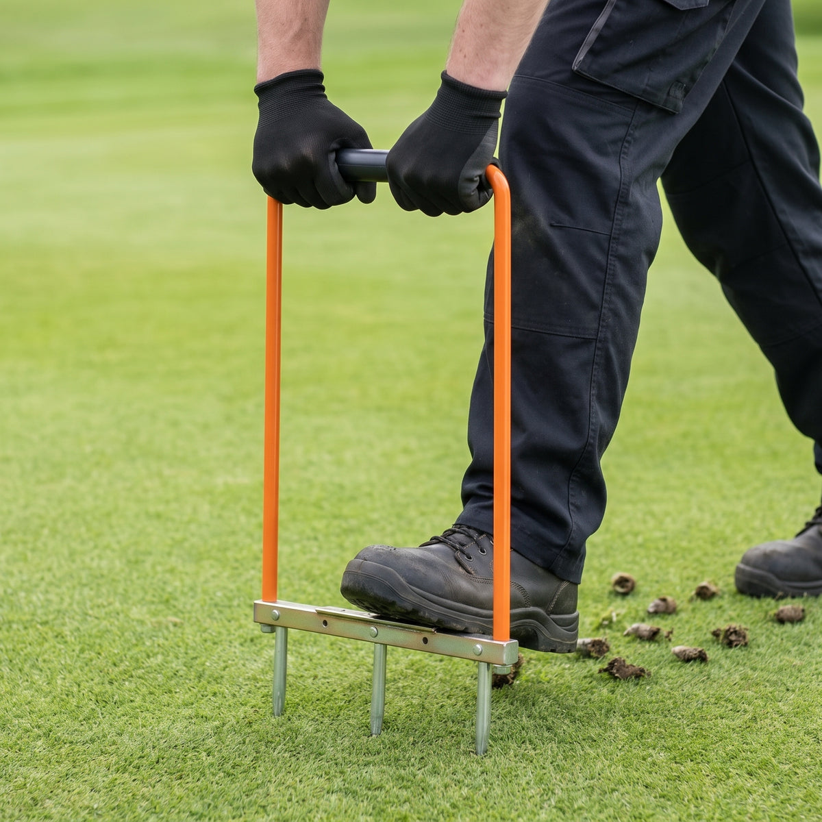 Greenkeeper holding the aeration and drainage fork by its grip and pressing the tine bar with his boot to push the tines into a golf green