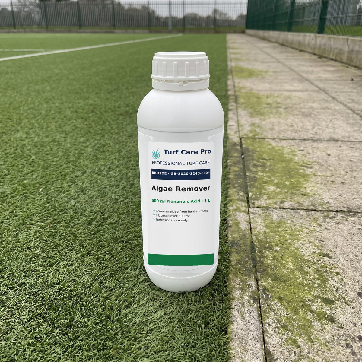 1L nonanoic acid algae remover beside a 3G pitch and an algae-stained concrete path