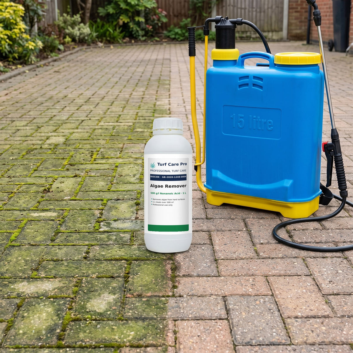 1L algae remover on algae-covered block paving next to a 15 litre knapsack sprayer