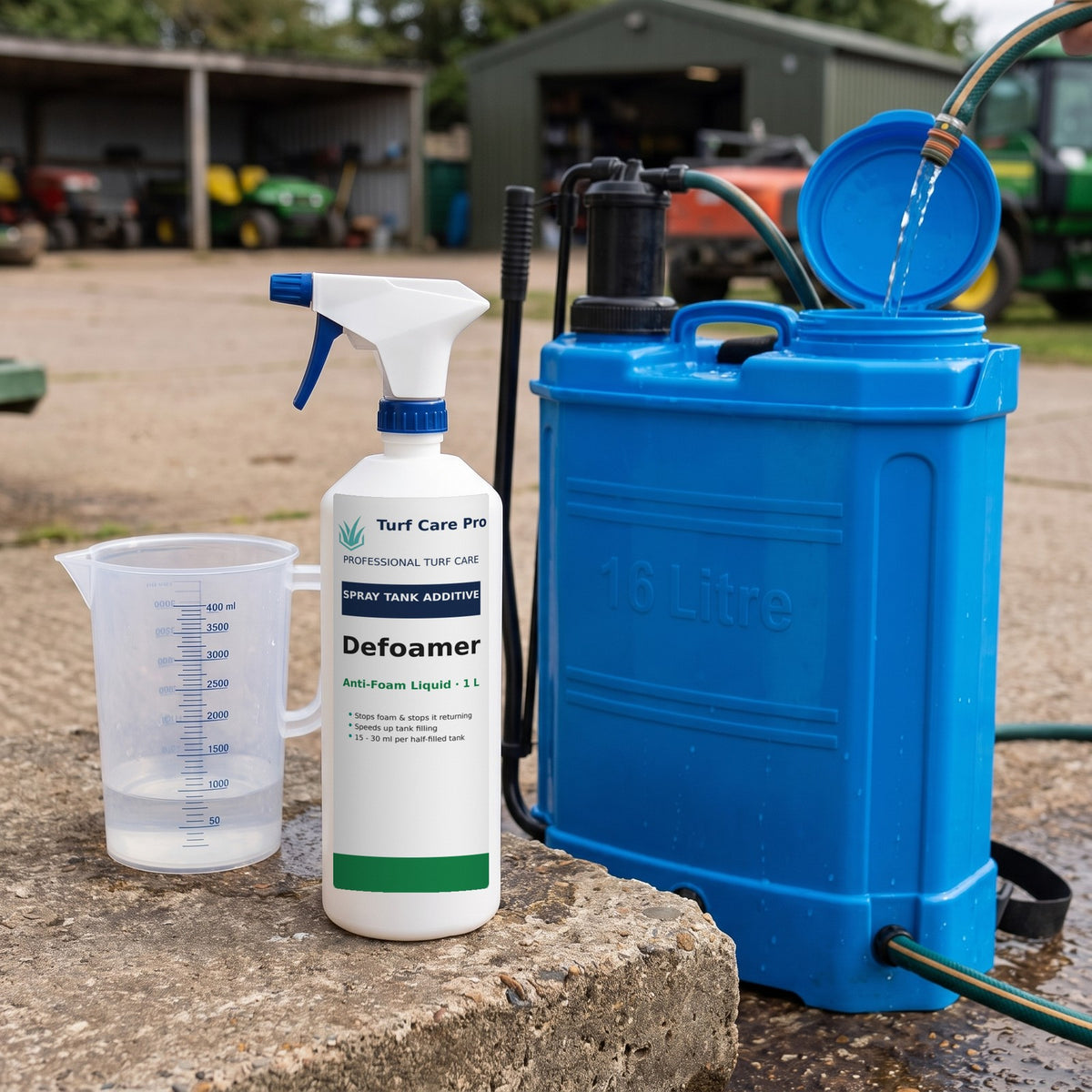 1L anti-foam defoamer with a measuring jug next to a knapsack sprayer being filled with water