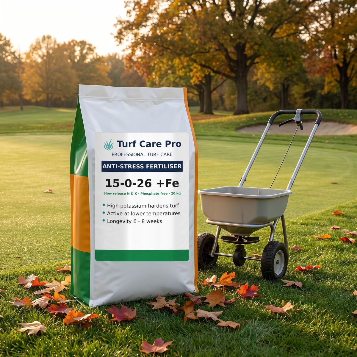 20kg 15-0-26 +Fe anti-stress fertiliser bag beside a rotary spreader on an autumn golf green