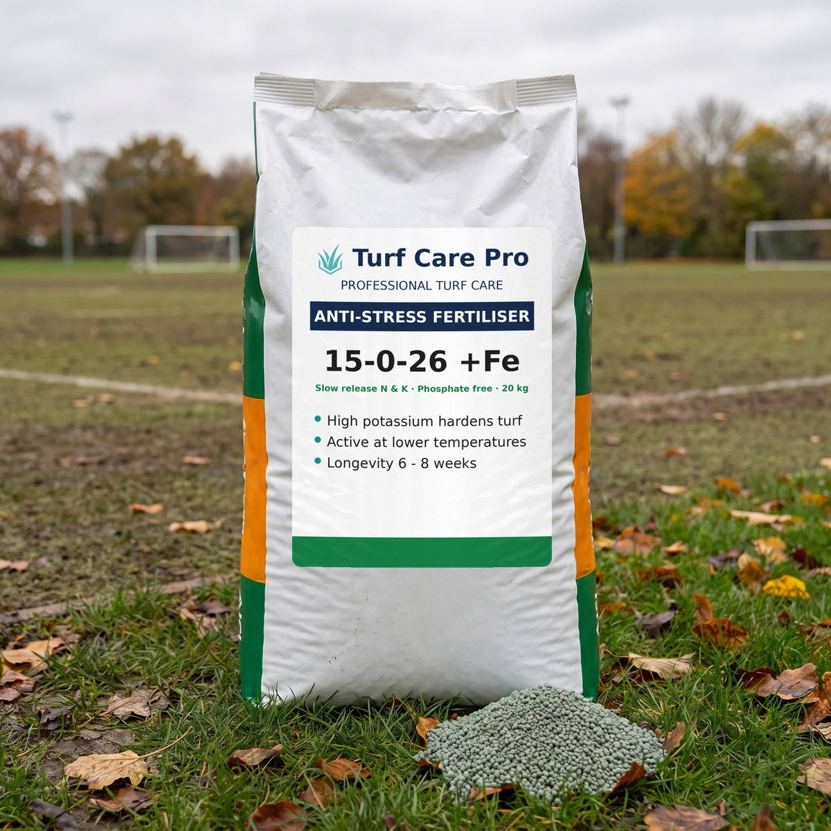 20kg anti-stress fertiliser bag with granules beside an autumn sports pitch