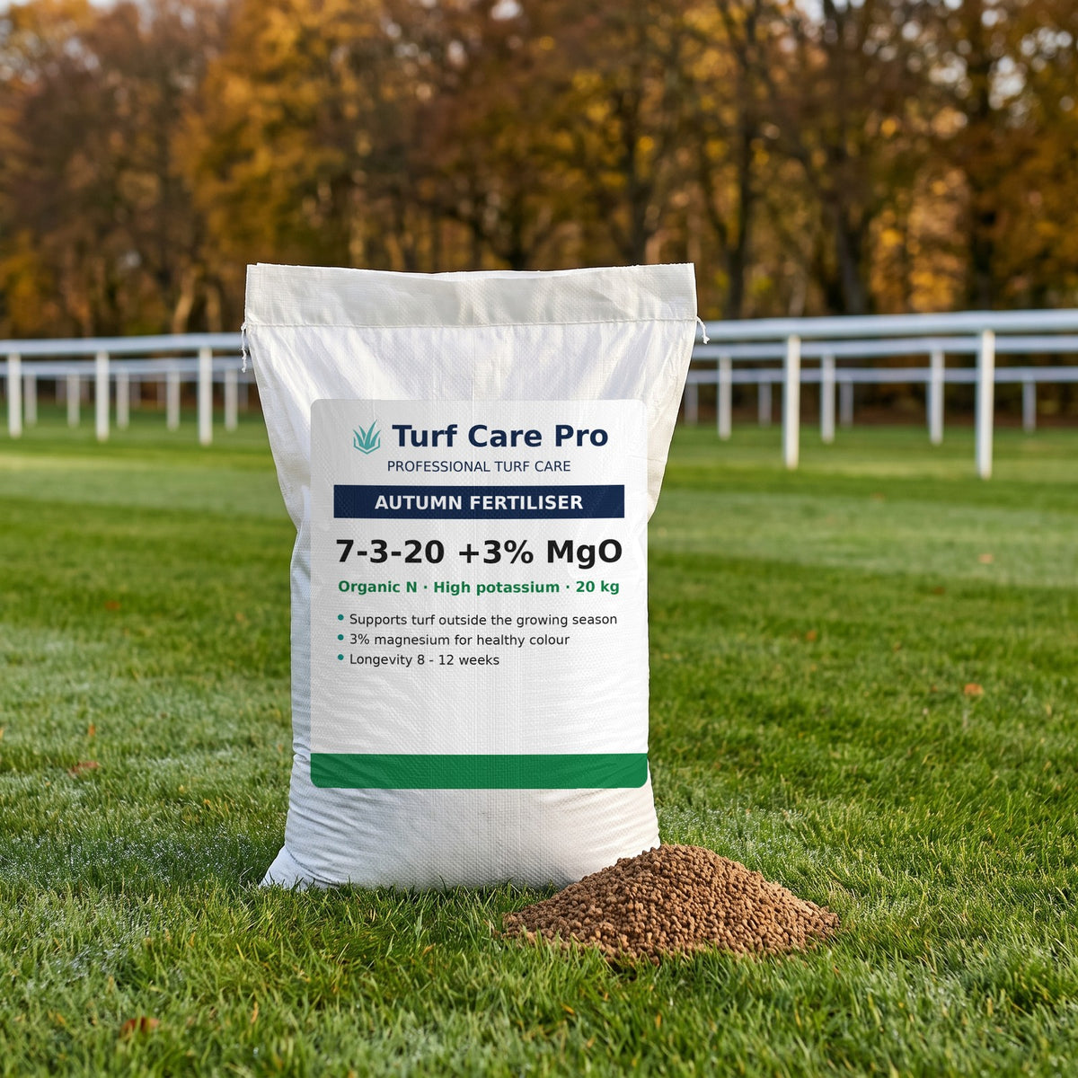 20kg autumn fertiliser bag with organic granules beside racecourse rails