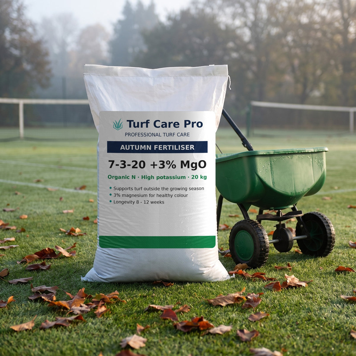 20kg 7-3-20 +3% MgO autumn fertiliser bag beside a rotary spreader on an autumn tennis lawn