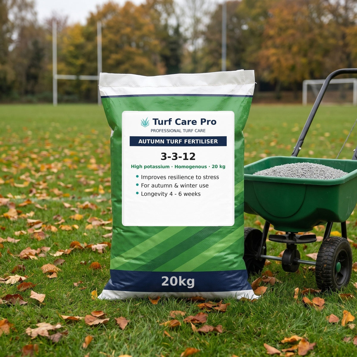 20kg 3-3-12 autumn turf fertiliser bag beside a rotary spreader on a football pitch in autumn