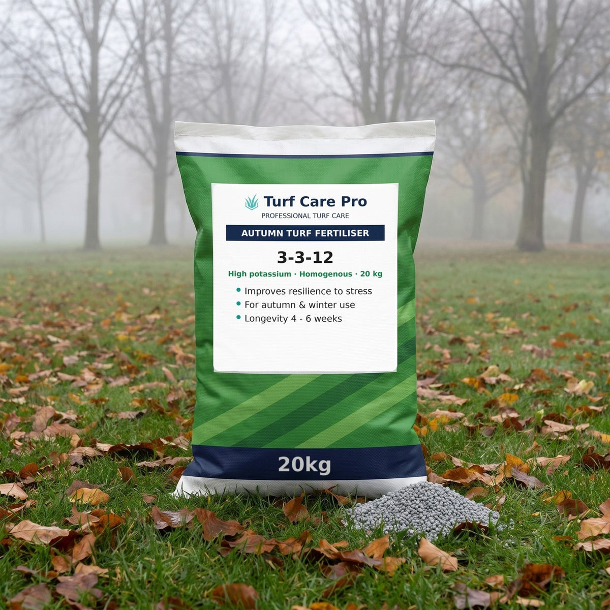 20kg 3-3-12 autumn fertiliser bag with granules on a misty park lawn