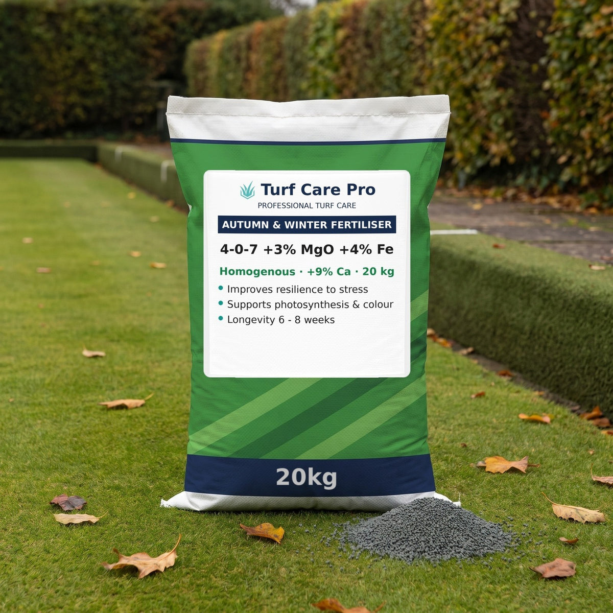 20kg 4-0-7 autumn and winter fertiliser bag with granules on a bowling green in autumn