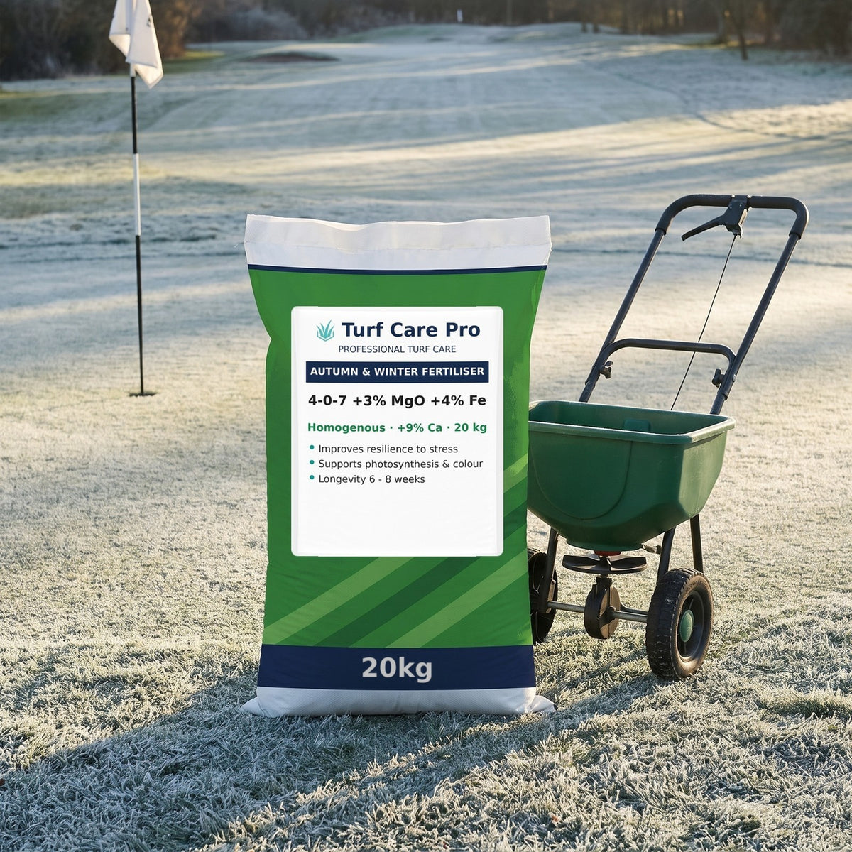 20kg 4-0-7 autumn and winter turf fertiliser bag beside a rotary spreader on a frosty golf green