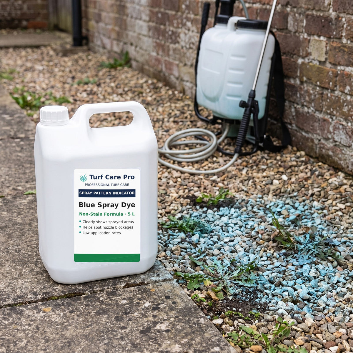 5L blue spray pattern indicator dye beside blue-tinted spot-sprayed weeds on a gravel path