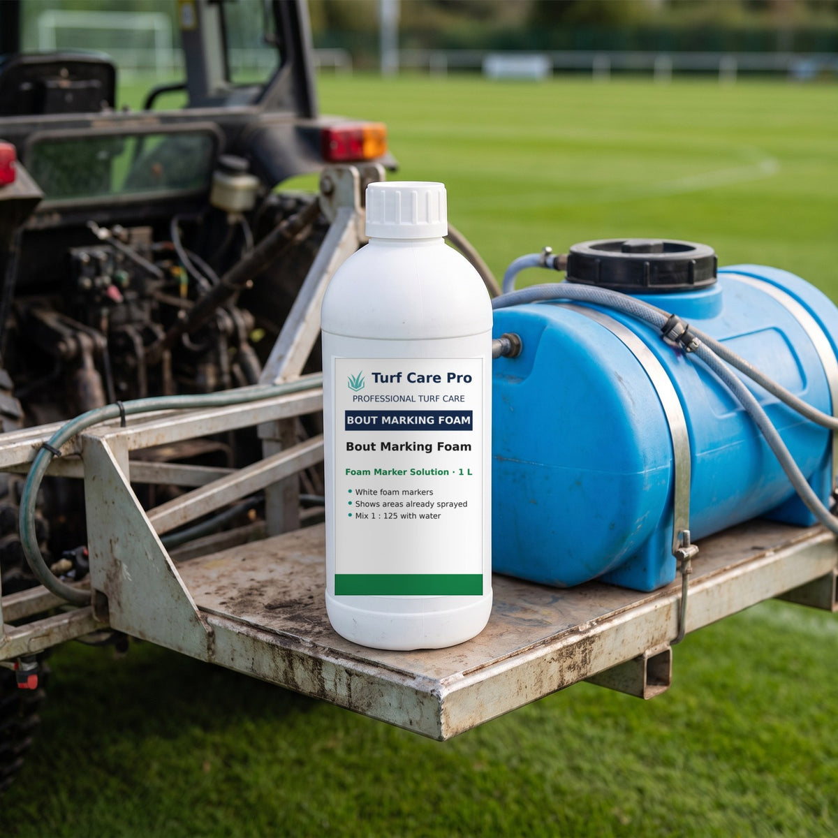 1L bout marking foam solution on a tractor sprayer deck next to the foam marker tank
