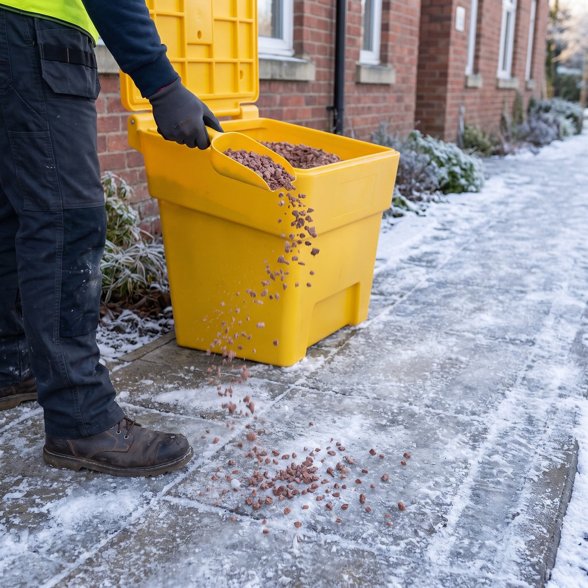 Brown rock salt being scattered with a grit scoop from a yellow 200L grit bin onto an icy footpath